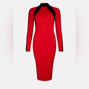Karen Millen Red and Black Bodycon Dress Long Sleeve Mock Neck